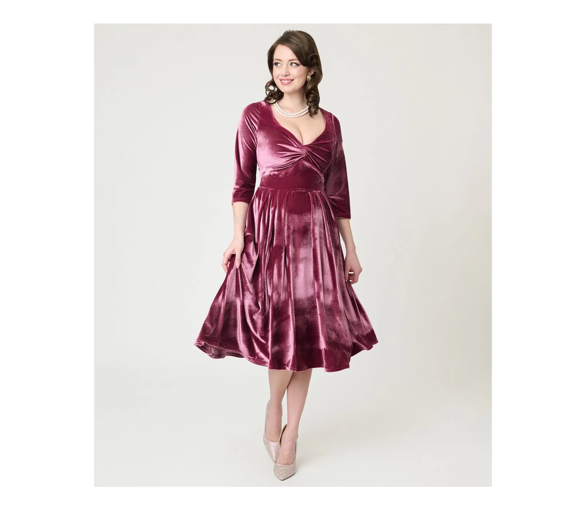 Unique Vintage Mauve Velvet Front Twist Swing Dress