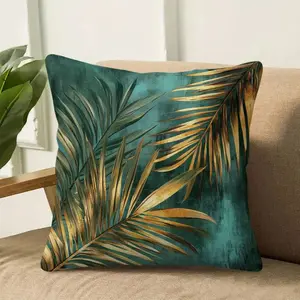 1pc Extra Large Decorative Throw Pillowcase, Soft Cushions - Tropical Golden Leaf Print in Emerald Green & Golden, Ultra-Soft Plush Cushion Cover with Zipper Closure, Farmhouse Bohemian Home Decor - Machine Washable (18x18, 20x20 Inch