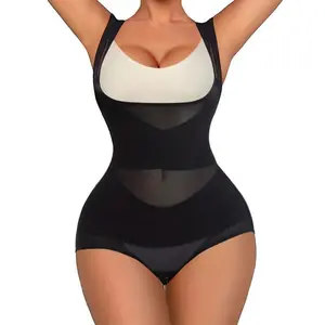 Contrast Mesh Shaping Bodysuit, Tummy Control Butt Lifting Open Bust Body Shaper, Women's Underwear & Shapewear Black Fabric Womenswear Basic