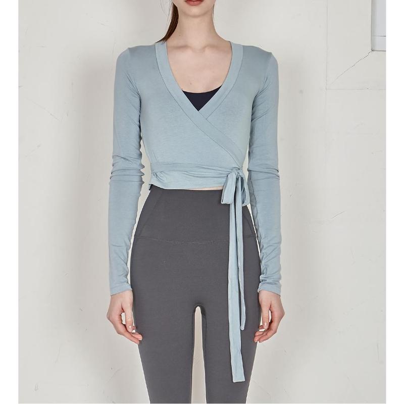 Women Solid Color Dance TopsFit Wrapped V Neck Tie-up Long Sleeve Crop Ballet Cardigan