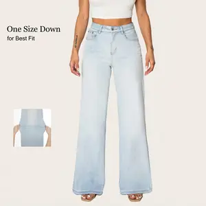 CANANA Women's High-Waisted Stretch Wide Leg Flared Denim Jeans Light Wash Y2K '90s Retro Style Casual Loose Fit Streetwear Trousers for Street Style & Daily Wear SH25F13 with Button & Pocket
