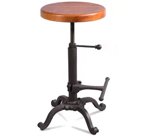 Industrial Bar Stool with Wooden Seat,Rustic Swivel Adjustable 22"-26" Stool, Farmhouse Kitchen Counter Height Vintage Bar Chair
