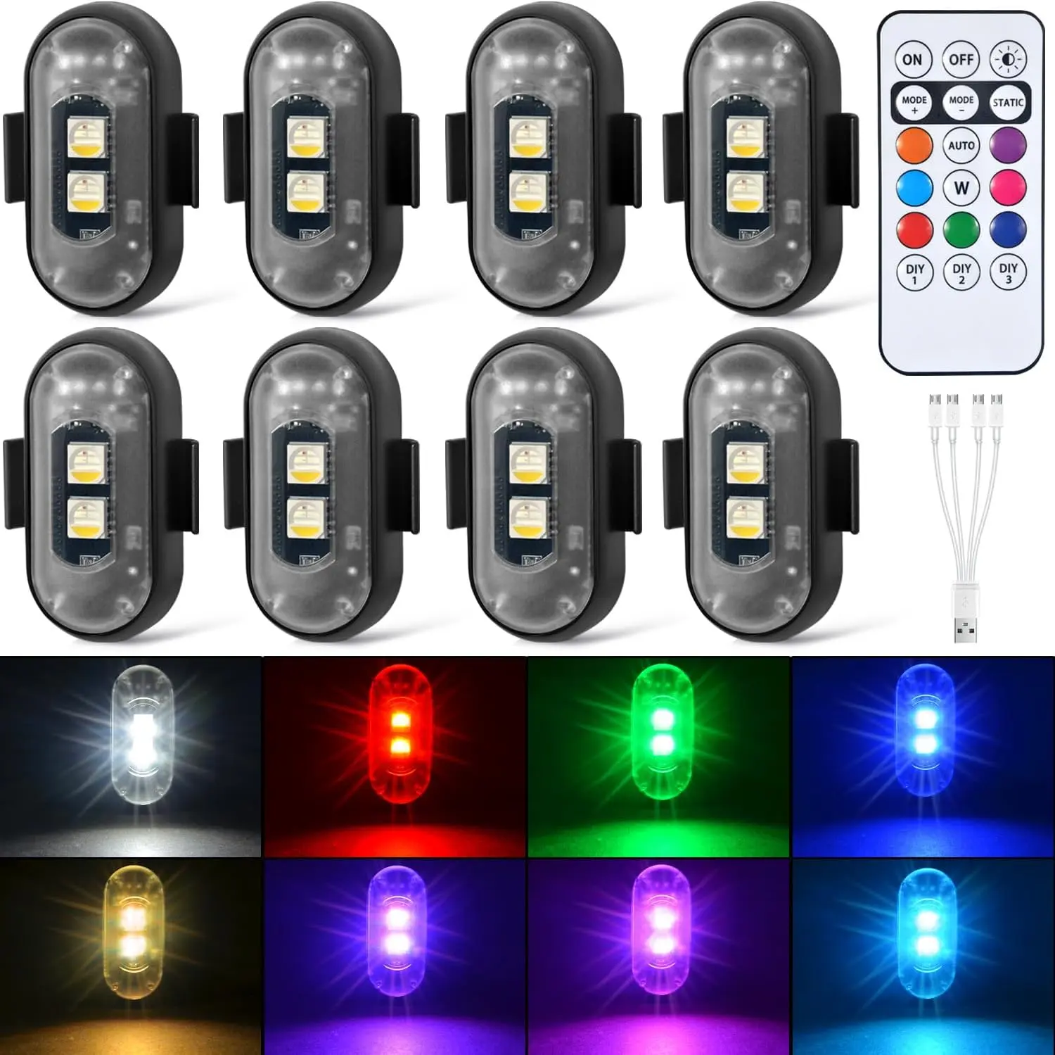 8pcs RGB Led Aircraft Strobe Light Remote Wireless Motorcycle Flash Light Warning Lights for Bike Car Multifunctional