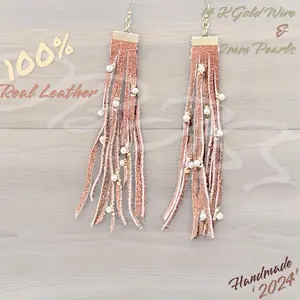 Dangle Earrings Gold Leather with Pearls