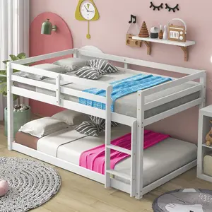 Anwick Twin Over Twin Low Bunk Bed with Stairs and Rails, Wooden Bunk Beds Frame with Safety Guardrail and Slats for Toddlers, Kids, Teens, Boys, Girls, Noise-Free (White, Bunk) wood platform bed Upholstered Platform Storage Bed day  beds