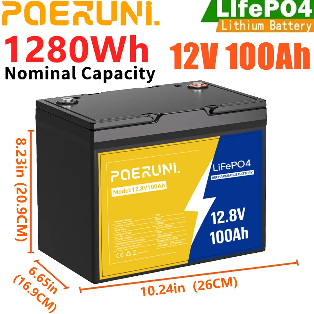 POERUNI 12V 100Ah LiFePO4 Lithium Battery Deep Cycle BMS for Marine Off-grid Camper