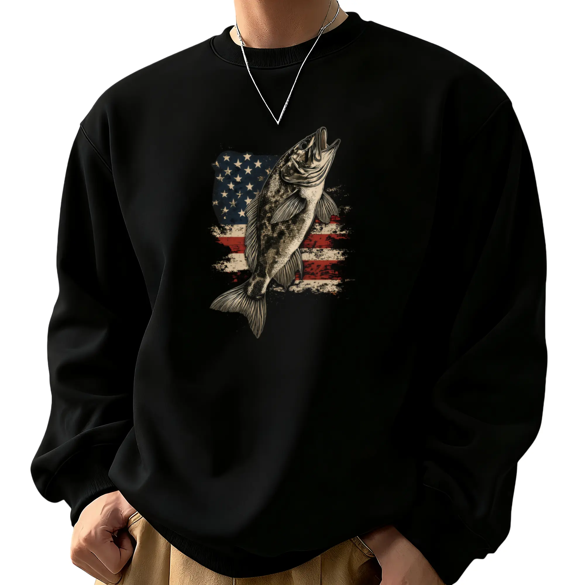 Unisex Long Sleeve Fishing Sweatshirt – Soft, Breathable & Lightweight with Vintage Bass & American Flag Design, Perfect for Outdoor Trips and Patriotic Holidays