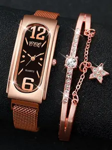 2PCS/Set Fashion Women's Watch Magnet Clasp Mesh Band Analog Quartz Watches Bracelet Set
