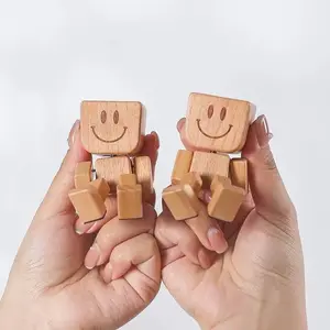 Shaking Wooden Man Figurine Desktop Decor Car Accessories Creative Gifts Portable Dashboard Decor for Travel Commutes and Home with Smiley Faces