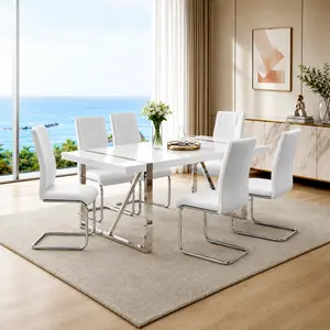 Dining Table Set for 6, White Rectangular MDF KitchenTable and Leather Dining Chairs Set of 4, 5 Piece DiningTable Set, Modern Metal Frame Dining Room Table Set 4with Metal Frame For Kitchen