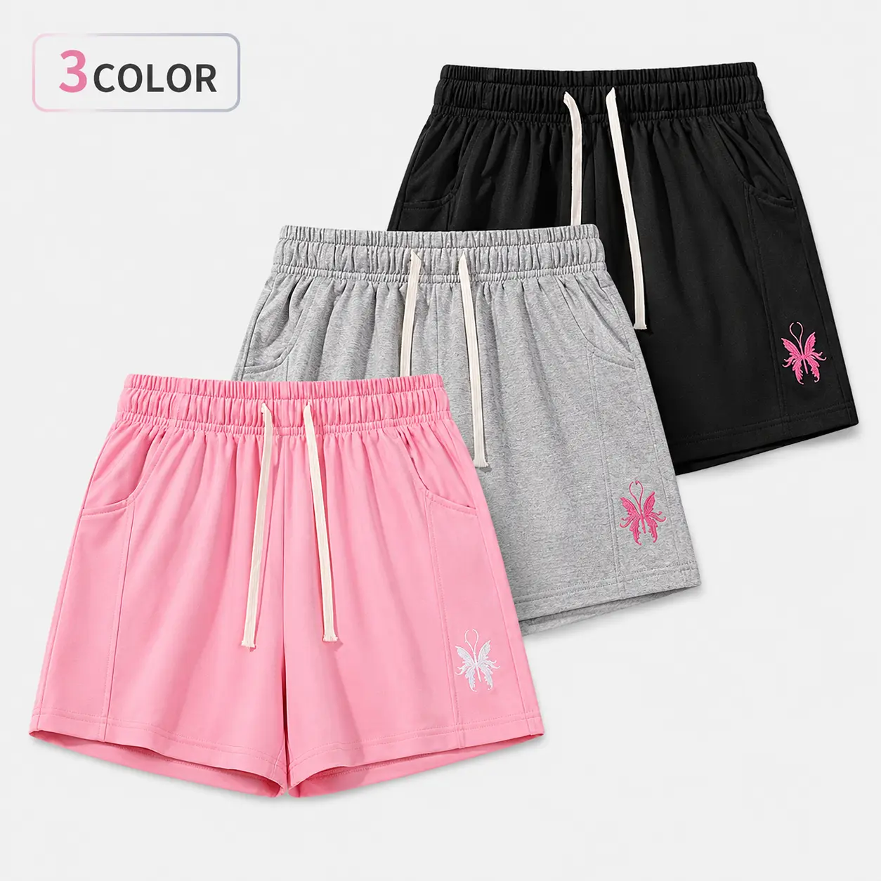 Women's High Waist Shorts, Casual Butterfly Print Activewear with Adjustable Drawstring and Pockets for Summer Workouts, Active, Adjustable Tightness, Deformation Resistant, Polyester Shorts, Loose Fitting Shorts
