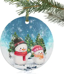 Christmas Ornament 2022, Christmas Snowman Double Side Printed Ceramic Round 3" Hanging Oranments, Blue White Ombre Snowflake Xmas Tree Xmas Tree Decoration, Gifts for Family and Friend