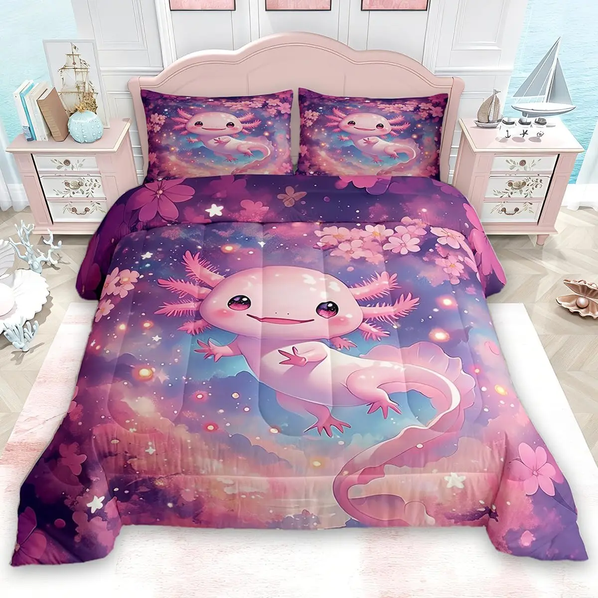 Cute Axolotl Comforter Kids Cartoon Salamander Bedding Set for Boys Girls Teens Kawaii Ocean Sealife Duvet Quilt Breathable Soft Lightweight Microfiber Room Decor