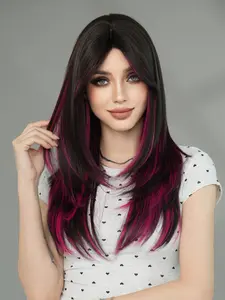 24 Inch Long Straight Wigs for Women, Gorgeous Fluffy Wigs with Curtain Bangs, Synthetic Heat-resistant Fiber Fake Hair for Daily Wear, Synthetic Material Wigs