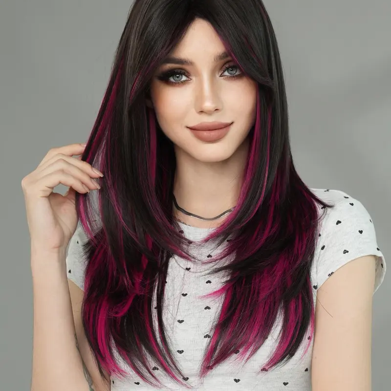 24 Inch Long Straight Wigs for Women, Gorgeous Fluffy Wigs with Curtain Bangs, Fashion Fluffy Wigs, Synthetic Heat-resistant Fiber Fake Hair for Daily Wear, Synthetic Material Wigs