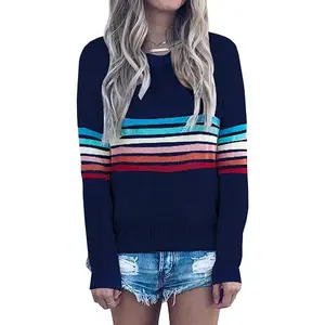 Women's Sweater Rainbow Colorful Striped Sweaters Long Sleeve Crew Neck Color Block Casual Pullover Blouse Tops