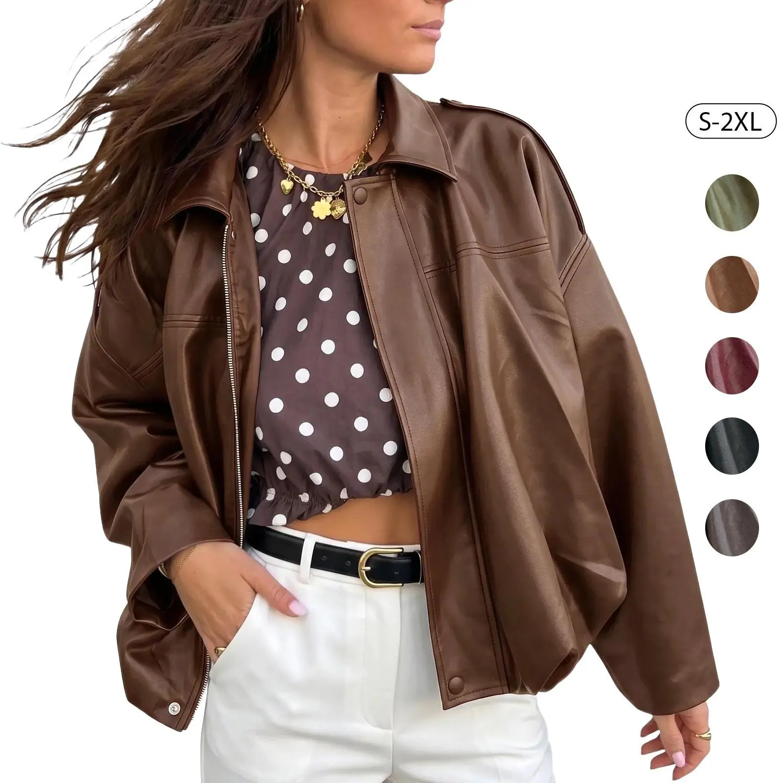 TANKANEO Lady's Relaxed Fit Brown Vegan Leather Motorcycle Coat, Women's Outerwear Tops with Lapel Collar