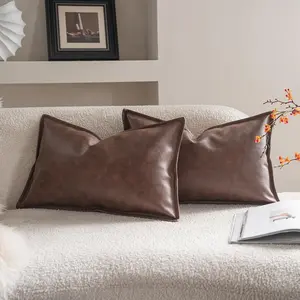 Faux Leather Decorative Throw Pillow Covers Modern Solid 12x20 inch Dark Brown Set of 2 Pillowcase Cushion Case for Bed Sofa Couch
