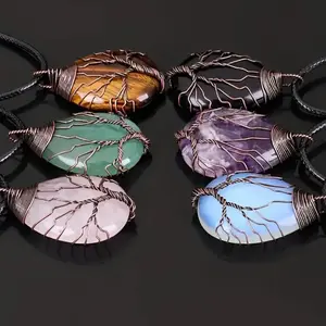 Teardrop Shaped Crystal Cabochon Tree of Life Pendant Necklace