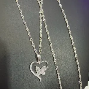 925 Silver Singapore Chain  1.5mm  18” + Heart Butterfly Pendant