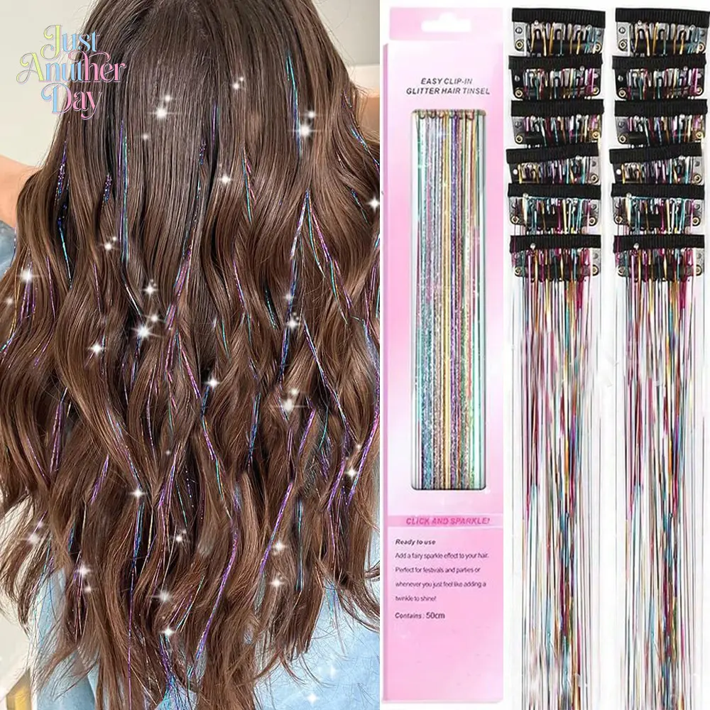 12pcs Clip-In Sparkle Hair Tinsel Kit, Shiny Holographic Colorful Hair Extensions, Easy Apply Glitter Hair Strands for Parties