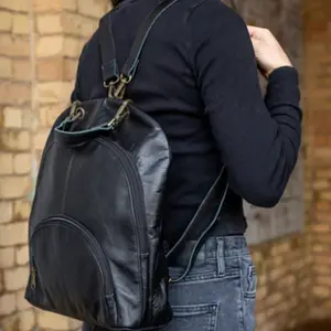Black Leather Backpack Double Zipper