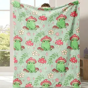 Soft & Cozy Frog Mushroom Print Flannel Throw Blanket - Perfect for Naps, Office, School, Picnics & Travel - All-Season Comfort, Gift, Novelty