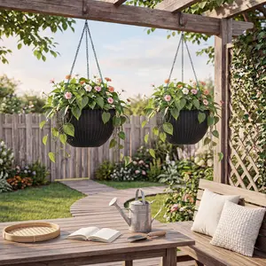 Self-Watering Resin Hanging Planter Basket - Rattan Style, Deep Inner Pot, Drainage Plug, Sturdy Triple-Chain Hanger - Perfect for Indoor Outdoor Plants, Large Flower Pot