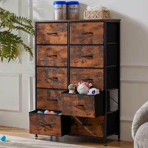 Dresser for Bedroom with 10 Drawers, Tall Chest Organizer with Fabric Bins, Freestanding Storage Cabinet, Rust Brown