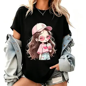 Adorable Cartoon Print Short Sleeve Tee for Women Loose Fit Round Neck Casual Summer Shirt