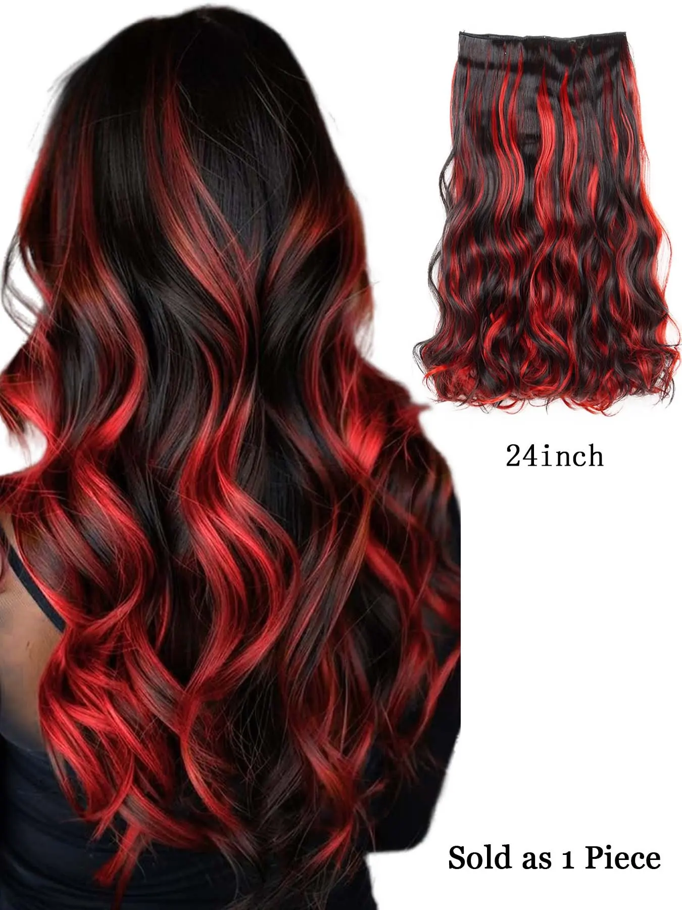 24 Inch Synthetic Wavy Hair Extensions Heat Resistant Hairpiece Synthetic Hairpieces 1 Piece Clip In Heat Resistant Fiber Easy To Wear Highlighted Large Waves Red Blue Available Great For Music Festival Party Or Cosplay