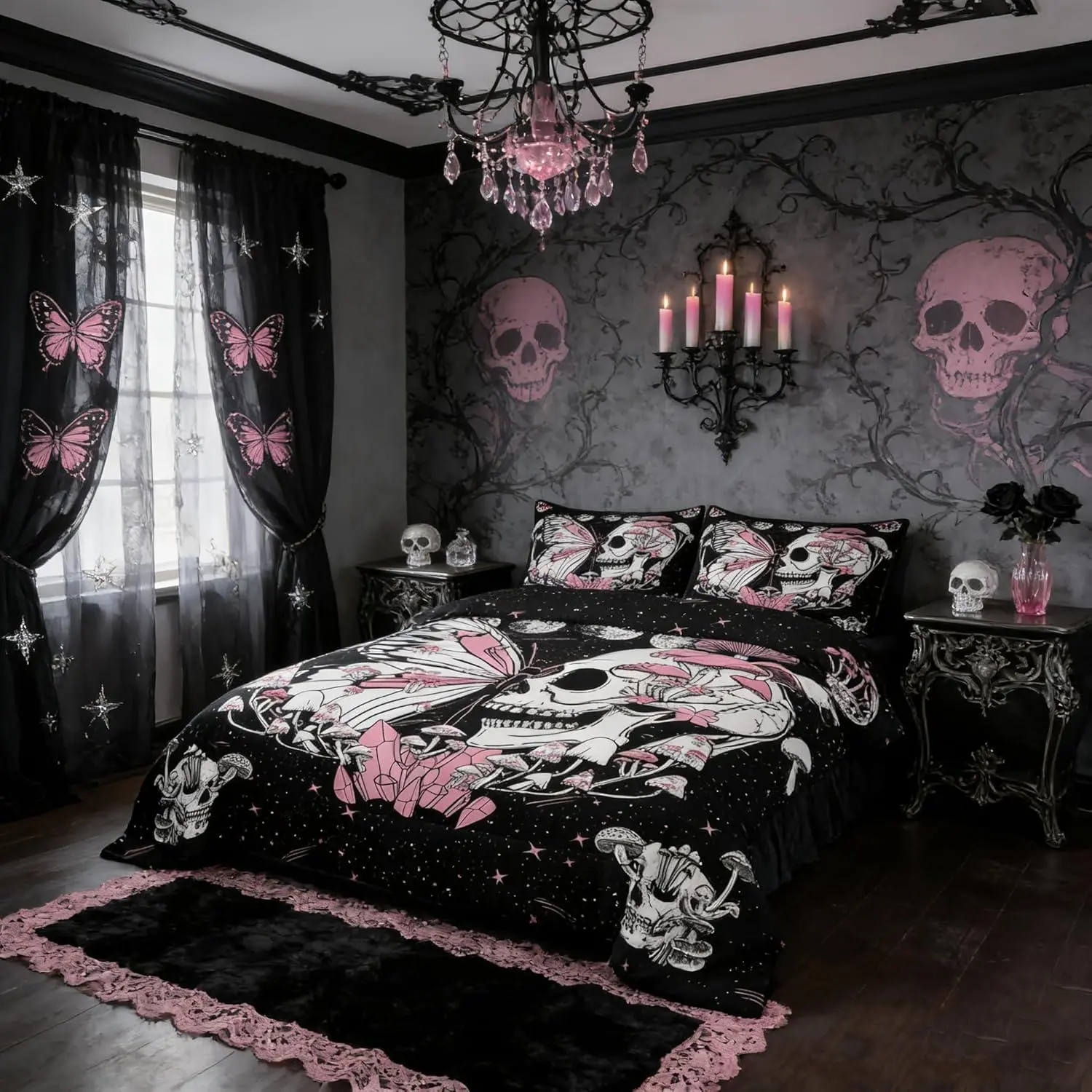 Feelyou Queen Size Polyester Fibers Bed Set - Breathable Soft Quilt Set, Pink Butterfly Mushroom Design, Starry Galaxy Moon U-Stitching All-Season Duvet, Travel-Ready for Girls' Bedrooms, Multi-Size Option Available