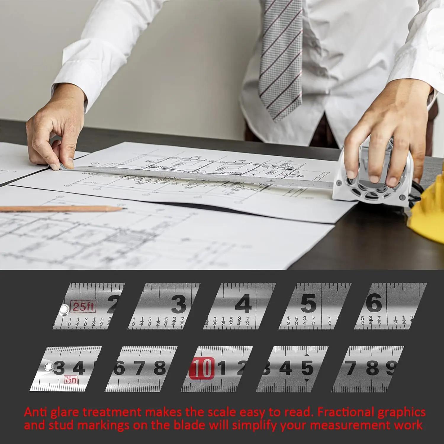 25FT/7.5M Stainless Steel Tape Measure, Double-Sided Scale, Heavy Duty Retractable Measuring Tape with Auto Lock, Waterproof Durable Tool for Construction, DIY & Home Use