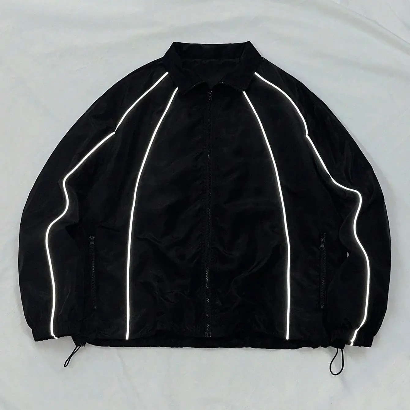 Solid Black Vertical Contrast White Stripe Line Zip Up Collared Windbreaker Jacket Unisex Oversized Drop Shoulder Drawstring Hem Elastic Cuff Lightweight Windproof Minimal Skate Street Outerwear