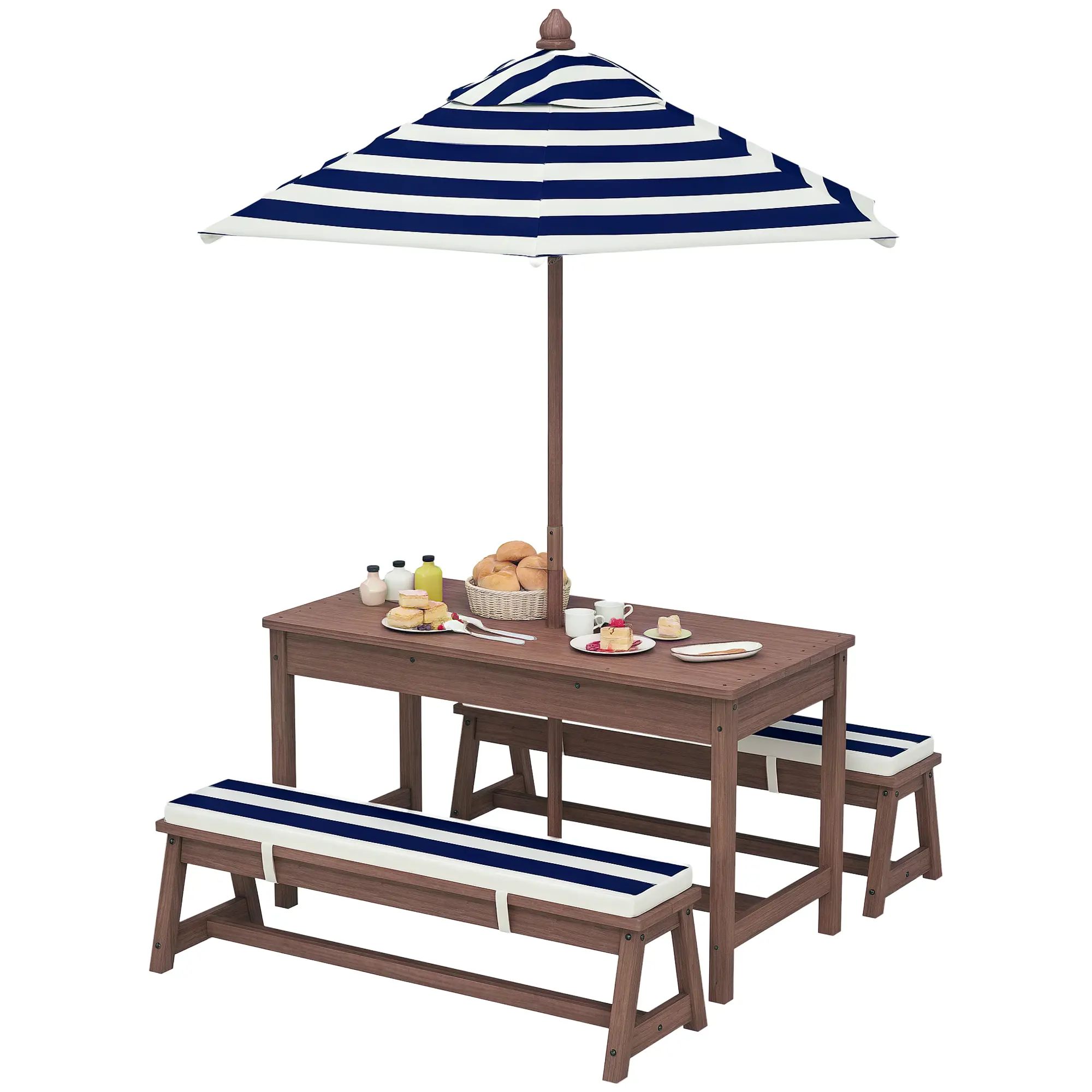 Wooden Rectangular Kids Picnic Table Set with 2 Benches, Removable Umbrella, High-Density Foam Cushions - 4-Child Play Furniture, Stable, Secure, Assembly Required, 3-6 Age Group, 110lbs Weight Limit, Outdoor Playground Set