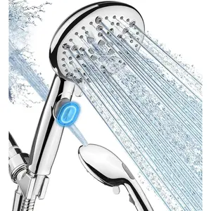9-Function Shower  with Built-in Power , 1.8 GPM Water Saving /OFF Toggle , High  Handheld Showerhead with 1-Click Pause Button, Brass Bracket & 6ft Hose, Chrome