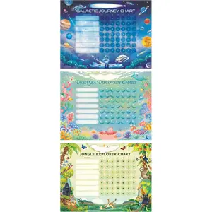 Chore & Routine  Chart Set - 3 Themed 7-Day Charts with 147 Stickers (Space, , Jungle) - Gentle Behavior & Goal  by  - Ages 3+
