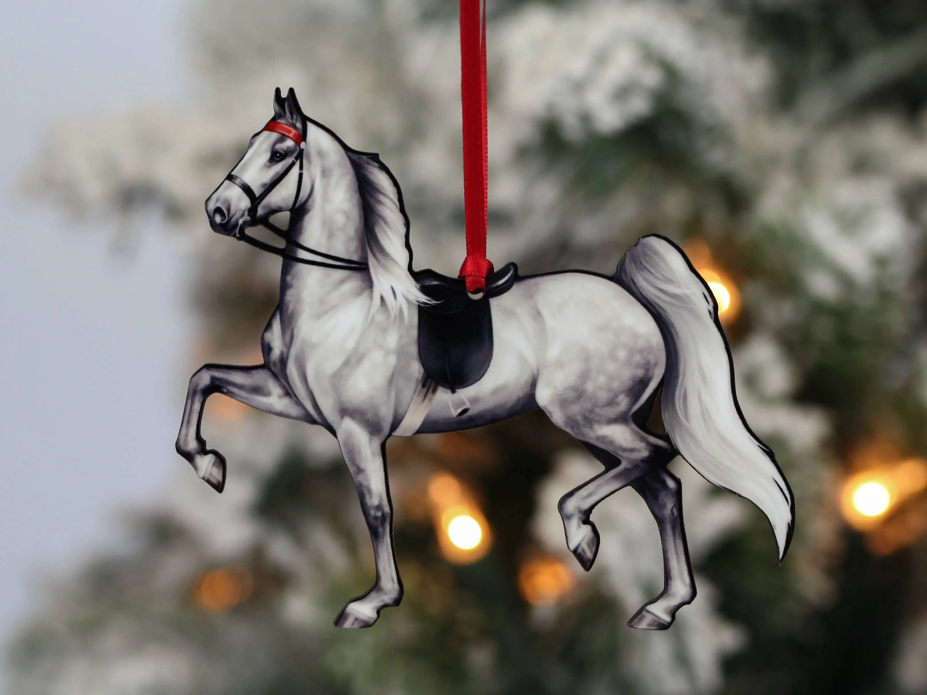 Gray Saddlebred Horse Ornament - Elegant Christmas Decoration for Horse Lovers