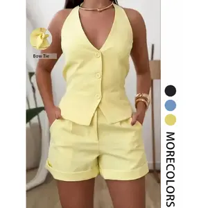 Two-piece Set Suits Women's Solid Color V Neck Fitted Button Front Vest Blazer & Shorts, Casual Basic Sleeveless Top & Shorts for Daily Wear, Ladies Summer Clothes, Plunge Neck Top, Womenswear