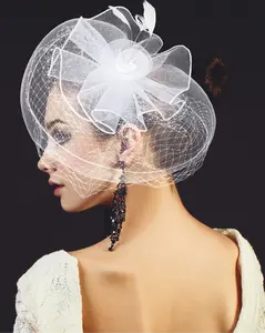 White Flower Feather Mesh Fascinator / Headband