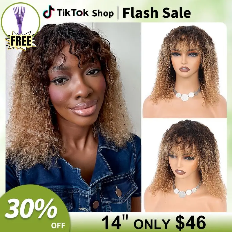 summervibes {wear and go }No Lace No Glue Invisble Hairline Kinky Curly Wigs With Bangs 100% Brazilian Virgin Human Hair benin girls machine human hair wig  curly Human Hair Wigs Beginner Friendly Full Machine Made Wig