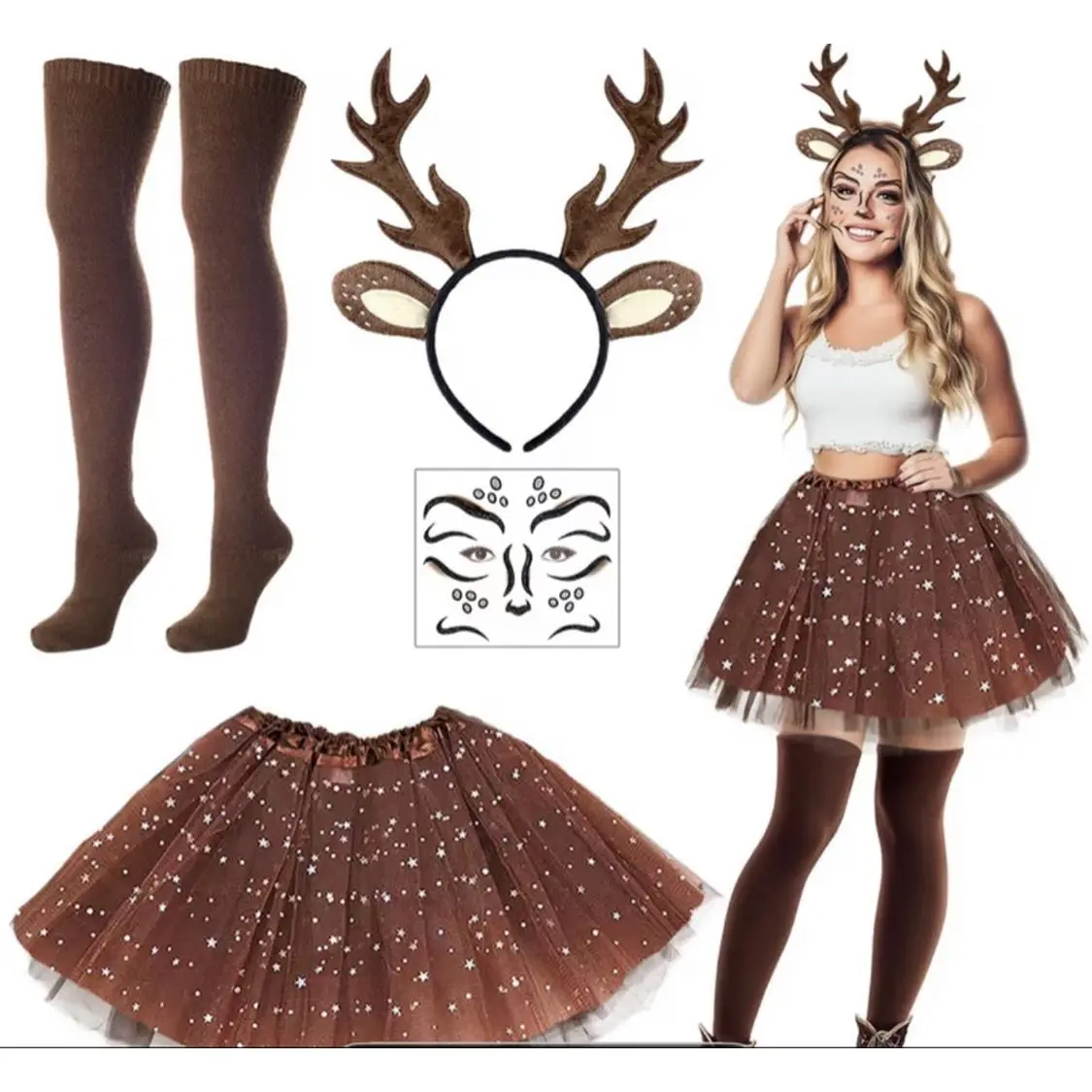 Carnival Deer Costume for Women with Antlers Headband Reindeer Ears Tutu Skirt Socks and Face Tattoo Accessory for Theme Party
