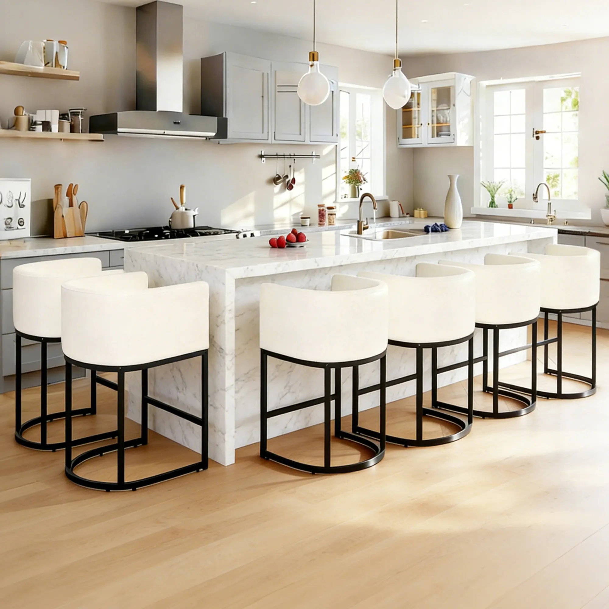 Modern Cream White PU Leather Barstool Set (2/3 Pcs) - Quick-Install Indoor Counter Chairs with Curved Back, Integrated Arms, Waterproof Surface, Metal Frame for Home Kitchen, Dining Room Furniture