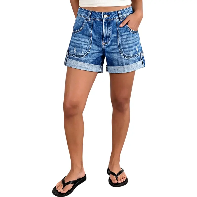 Flamingals Roll Hem Button Tab Ripped Mid Waist Denim Shorts Womenswear Stretchy 3.5" Inseam Summer