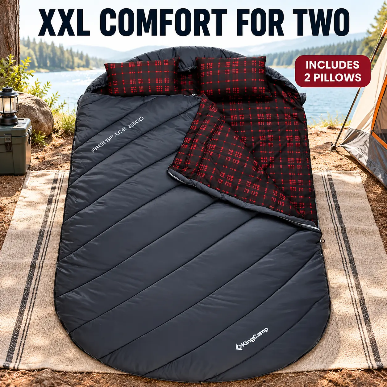 KingCamp Double Sleeping Bag for Adults, XXL Queen Size Flannel Camping Sleeping Bag with 250g/㎡ Hollow Fiber Fill, Warm 2 Person Sleeping Bag with Hood & Pillows, 94.5" x 59" for Camping, Travel & Outdoor Adventures