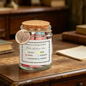 1 Set Spanish Emotional Bible Verse Jar with Color Coded Scripture Cards, Inspirational God’s Word Notes in Spanish for Different Moods, Christian Religious Gift, Lace Border Print & Heart Tree Charm, Cork Lid Glass Prayer Jar