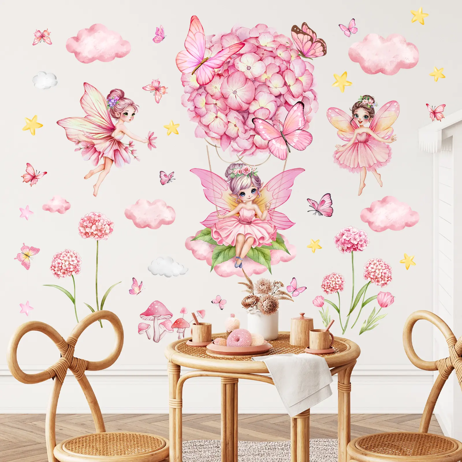 1set/2pcs(30*90cm*2pcs)Dreamy Fairy Hot Air Balloon Wall Decals, Girls Room Kids Room Wall Decor, Wall Decorations, Fairy Tale Theme Stickers, Decorative Wall Sticker