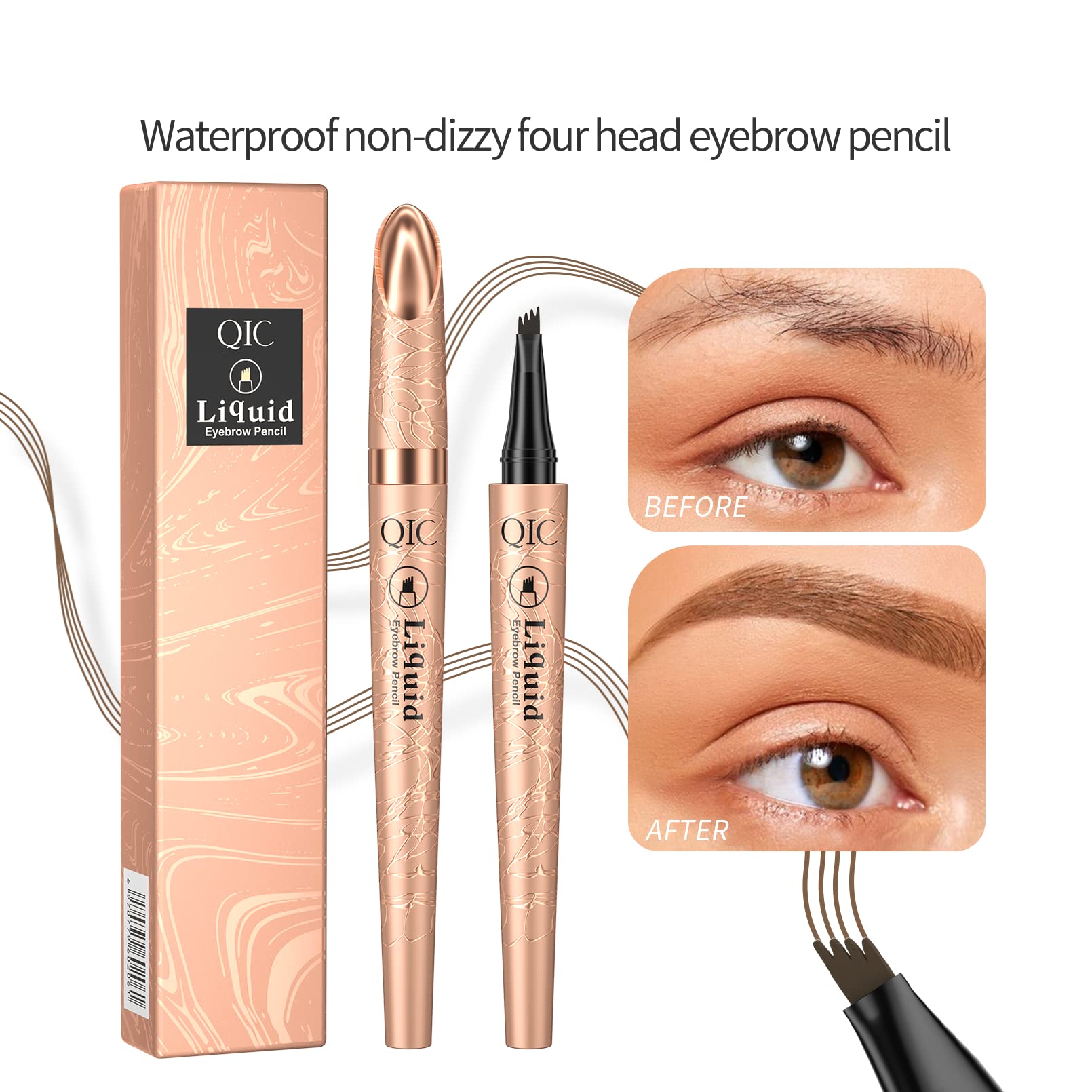 QIC 4-Tip Microblading Eyebrow Pencil, Waterproof Long-Lasting 3D Brow Pen, Natural Looking Brow Makeup Tool for Women Daily Use & Gift