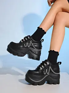 New Fashion Chain Thick Sole Platform Shoes, Short Stature Height Increase, Dark Style Wide Toe Y2K Chic Versatile Single Shoe