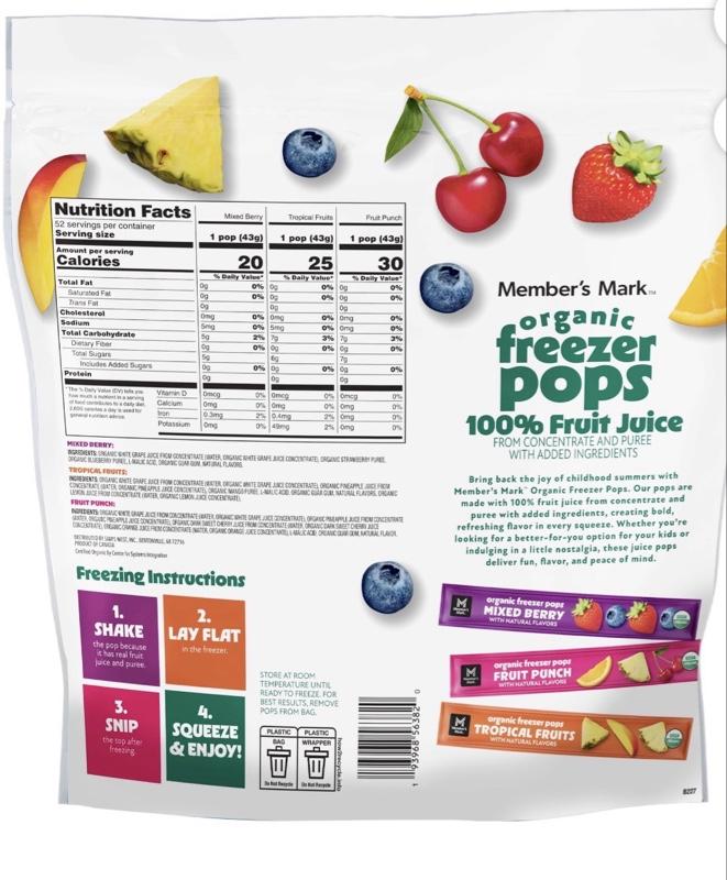Organic Freezer Pops 52 ct - 100% Fruit Juice Snack with Mixed Berry & Fruit Punch Flavors